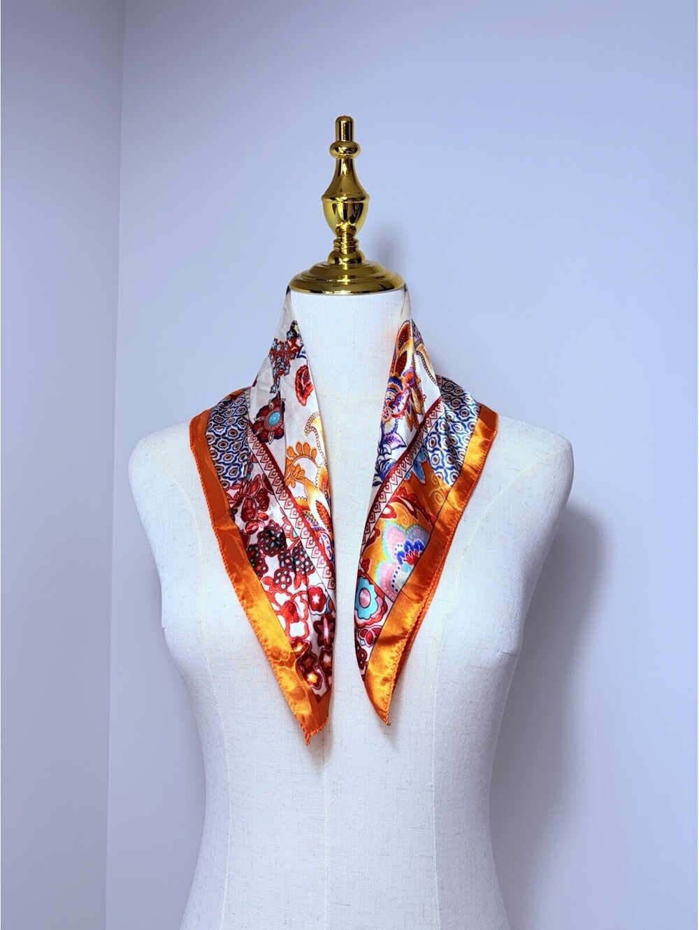 Women's Square Scarf Floral Flower Print Orange White Blue Red - Picture 3 of 5